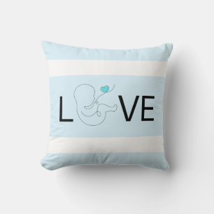 Coussin Amour, bande blanche, bébé script avec coeur bleu,