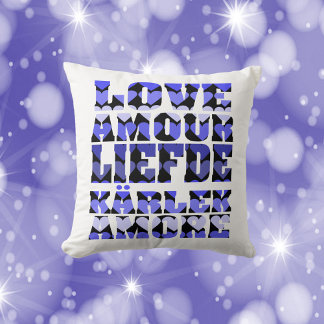 Coussin Amour dans plusieurs langues Coeurs bleus Jeter Or