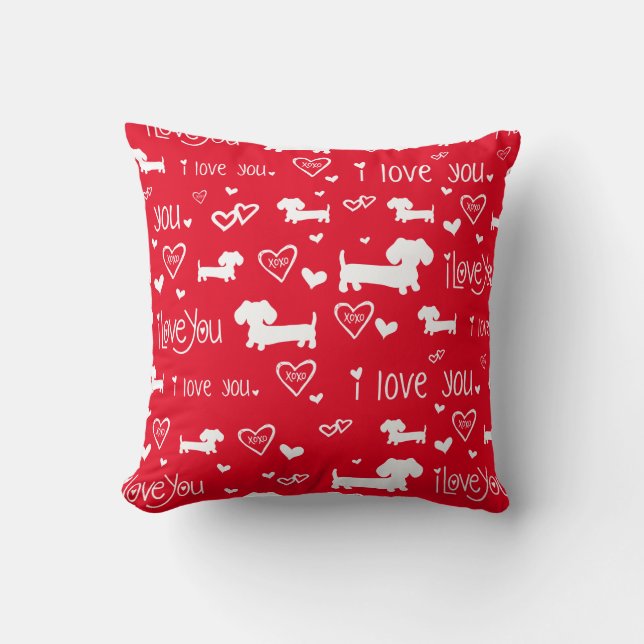 Coussin Amour de chien de saucisse de teckel sur le rouge (Recto)