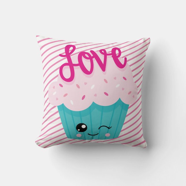 Coussin Amour de Cupcake Mignon Rose Rayure Sarcelle Fémin (Recto)