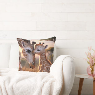 Coussin Amour de girafe douce : bébé embrassant maman