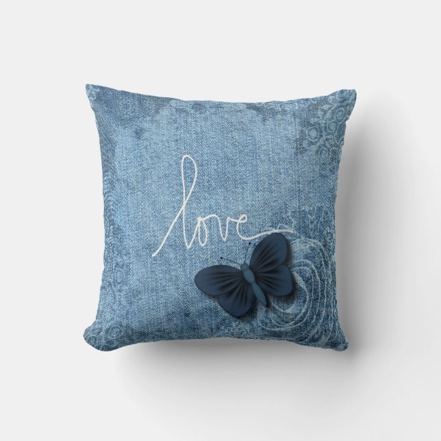Coussin Amour doux de papillon de denim bleu (Recto)