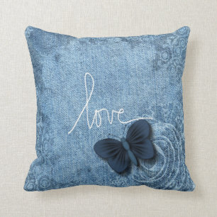 Coussin Amour doux de papillon de denim bleu