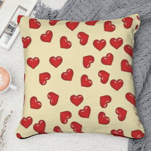 Coussin Amour élégant : motif de cœurs rouges sur fond jau