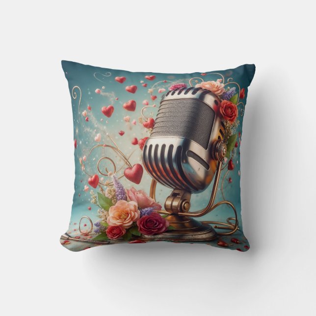 Coussin Amour et chanson Microphone à l'ancienne (Recto)