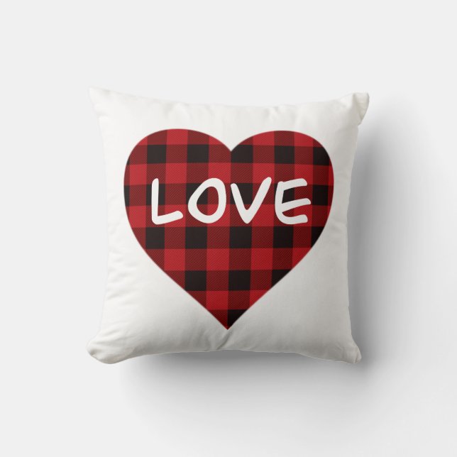 Coussin Amour, motif plaid de buffle rouge, coeur valentin (Recto)