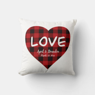 Coussin Amour, motif plaid de buffle rouge, coeur valentin