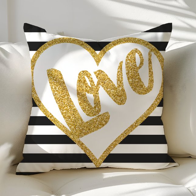 Coussin Amour Noir et Blanc Rayures Paillettes Dorées (Créateur téléchargé)