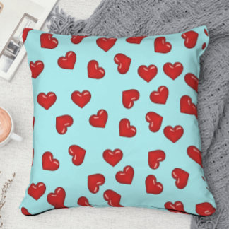 Coussin Amoureux coeur rouge motif sur Turquoise bleu