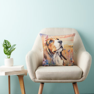 Coussin Amoureux de chien Beagle avec prairie de fleurs sa