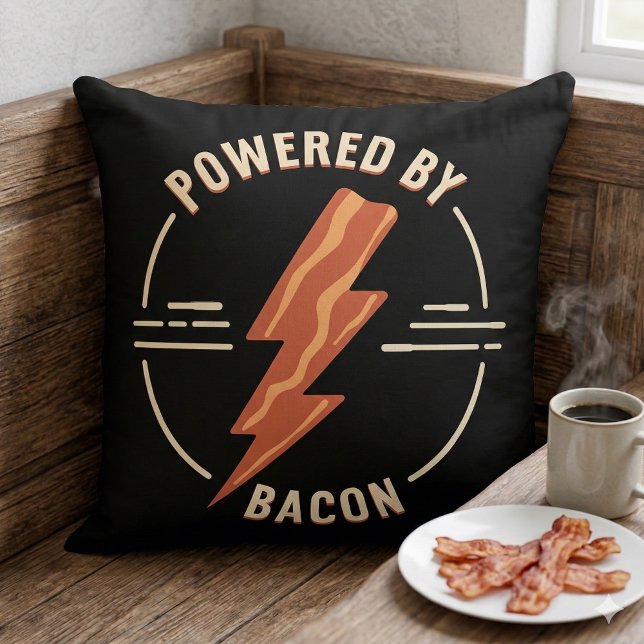 Coussin Amoureux du bacon rétro, design alimentaire drôle  (Retro Bacon Lover Funny Food Design with Lightning Throw Pillow Mockup A)