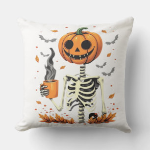 Coussin Amoureux du café avec tête de citrouille squelette