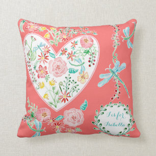 Coussin Amusant Aquarelle moderne Floral Heart Dragonfly A