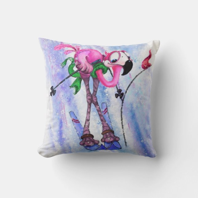 Coussin amusant avec Pink Flamant rose Skier (Recto)
