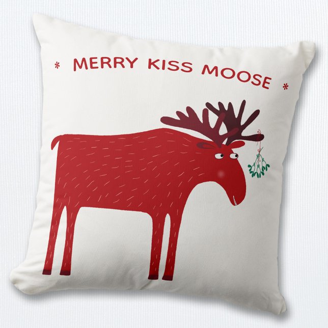 Coussin Amusant vacances à l'orignal (Merry Kiss Moose funny festive pillow)