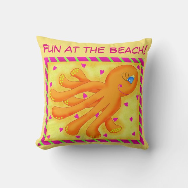 Coussin Amusement à la plage Whimsy Octopus Jaune Orange (Recto)