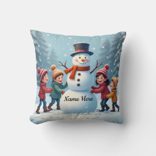 Coussin Amusement des enfants et bonhomme de neige