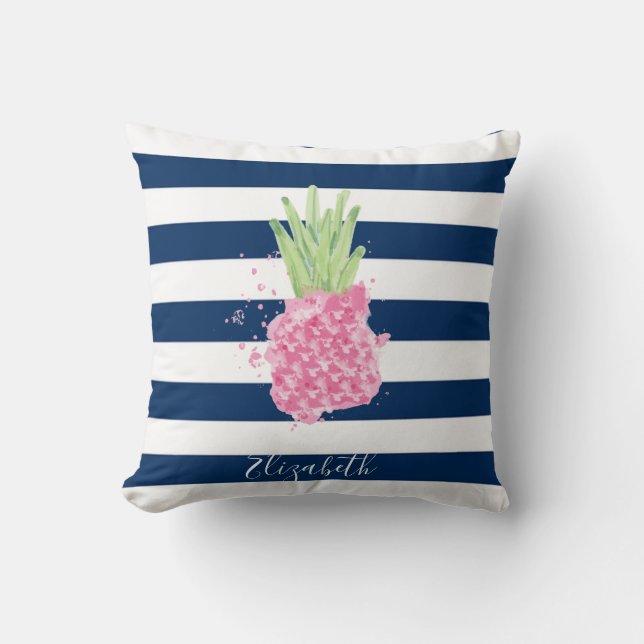 Coussin Ananas Aquarelle Tropical ,Rayures Bleu Marine  (Recto)