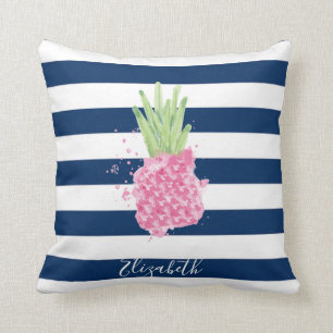 Coussin Ananas Aquarelle Tropical ,Rayures Bleu Marine 