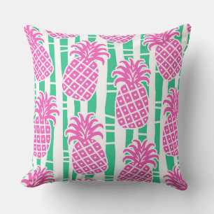 Coussin Ananas Bambou rayures rose et Motif vert