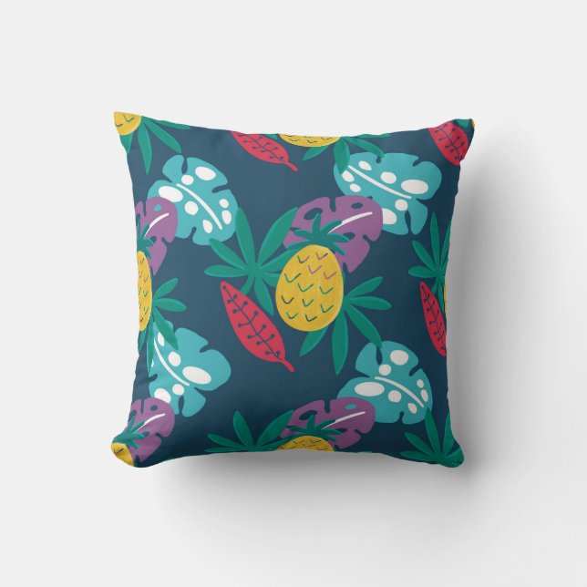 Coussin ananas bleu tropical moderne feuille (Recto)