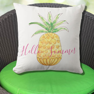 Coussin Ananas Bonjour été Aquarelle rose jaune