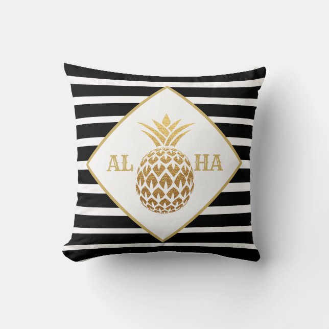 Coussin Ananas doré Aloha Tropical Noir Blanc (Recto)