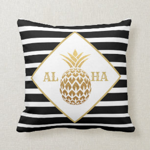 Coussin Ananas doré Aloha Tropical Noir Blanc