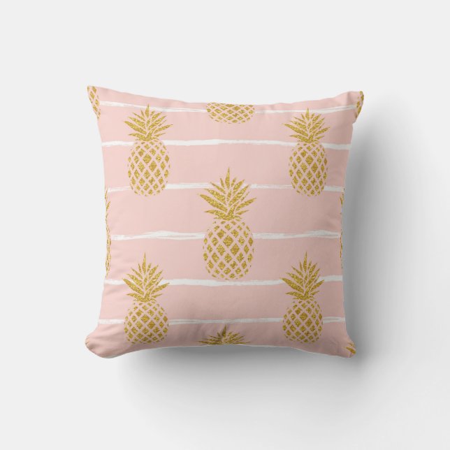 Coussin Ananas en or, Arrière - plan d'été rayé. (Recto)