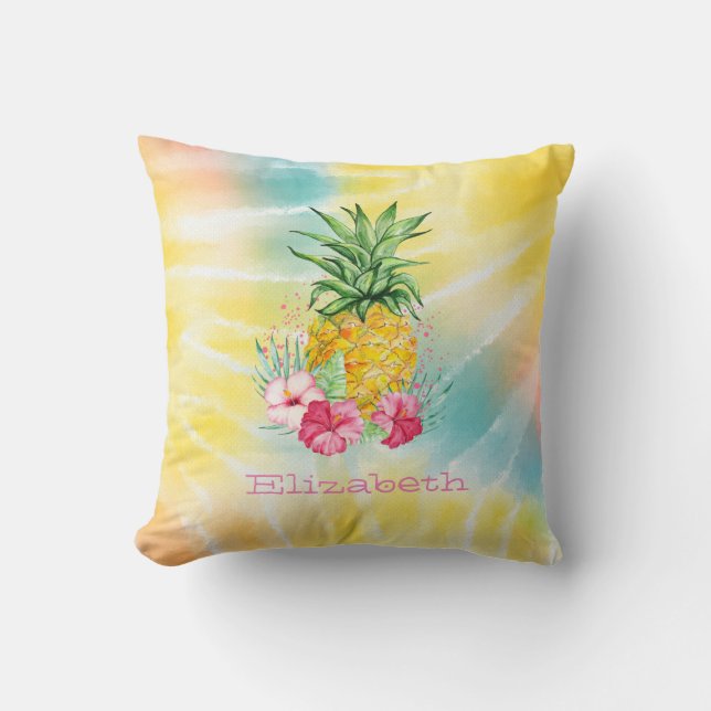 Coussin Ananas, Hibiscus aquarelle Rainbow Tie Dye (Recto)