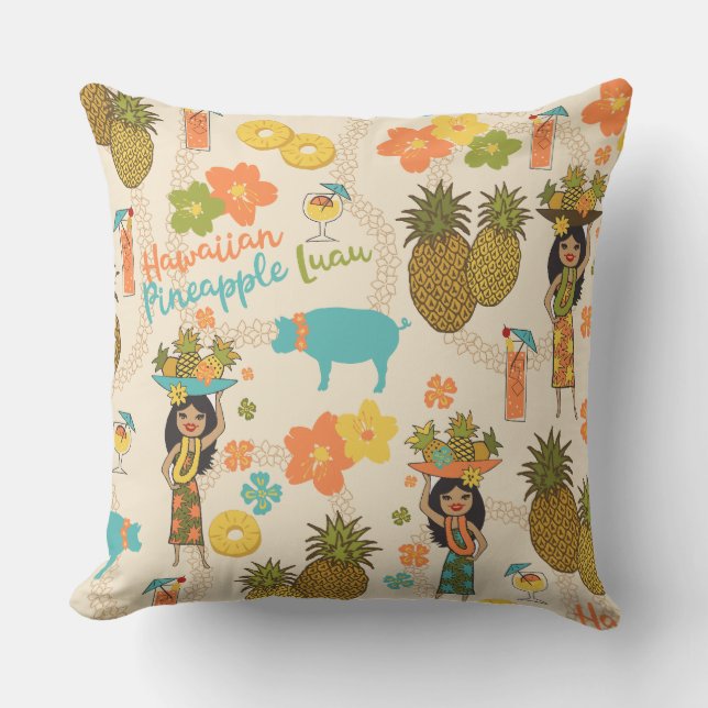 Coussin Ananas Luau Fille Hula Hawaïenne et Planches de Su (Recto)