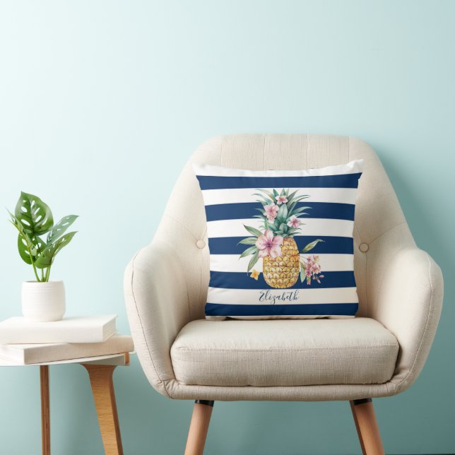 Coussin Ananas Tropical Floral, Rayures Bleu Marine (Chaise)