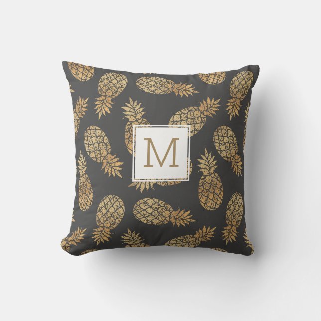 Coussin Ananas Tropical Gold Personnalisé Monogramme initi (Recto)