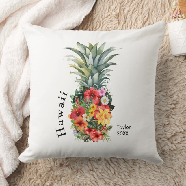 Coussin Ananas Tropical Hawaii avec fleurs, Nom de famille (Couverture)