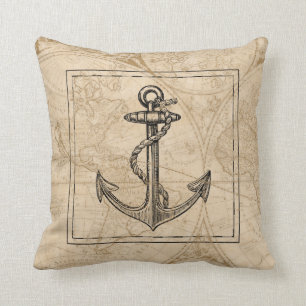 Coussin Ancien Monde Carte Ancre nautique Monogramme