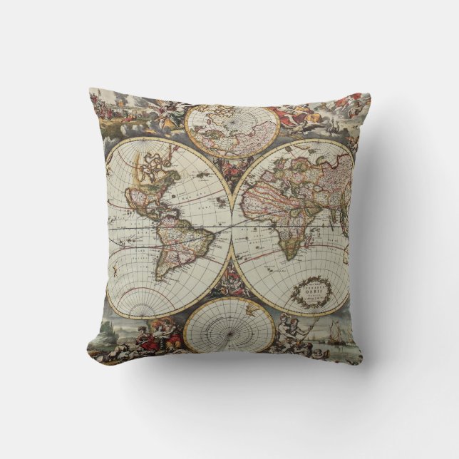 Coussin Ancienne carte des hémisphères du monde. Créé par  (Recto)