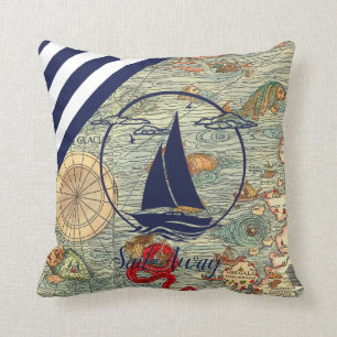 Coussin Ancienne carte marine/bateau/silhouette/départ/ma