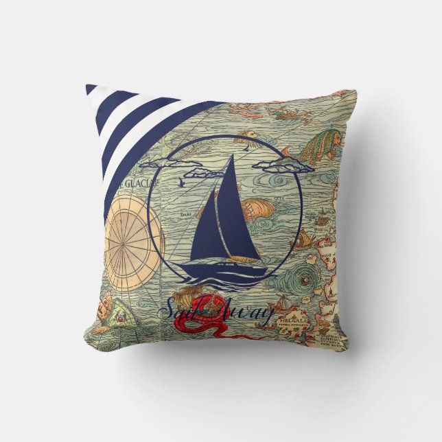 Coussin Ancienne carte marine/bateau/silhouette/départ/mar (Recto)