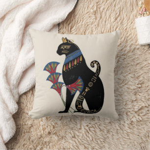 Coussin Ancienne Égyptienne Bastet Chat & Fleur de Lotus J