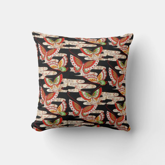 Coussin ANCIENS BULLETINS JAPONAIS Rouge Noir Blanc (Recto)