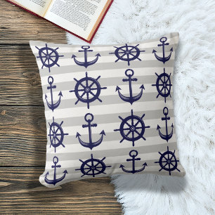 Coussin Ancrage et roue de bateau gris rayé Nautical