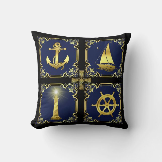 Coussin Ancrage nautique/voilier/roue/phare or/blu (Recto)