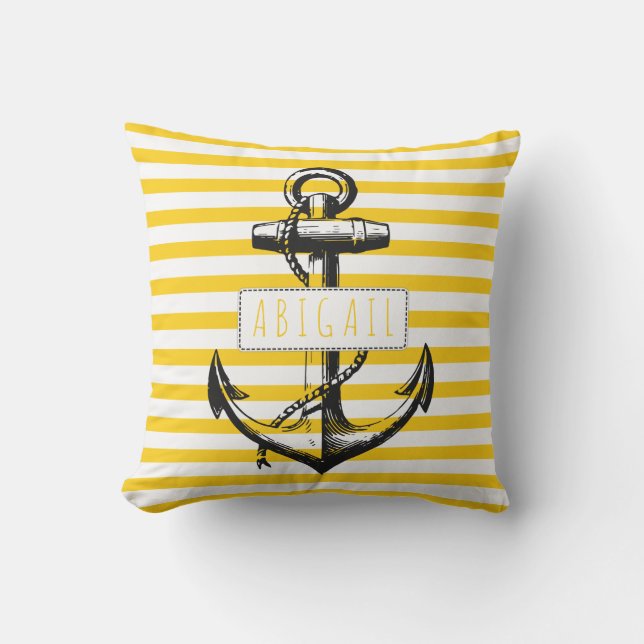 Coussin Ancrage vintage nautique sur motif rayé jaune (Recto)