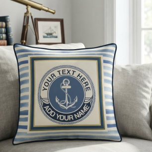 Coussin Ancre à rayures bleues nautiques Monogramme person