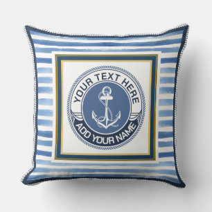 Coussin Ancre à rayures bleues nautiques Monogramme person