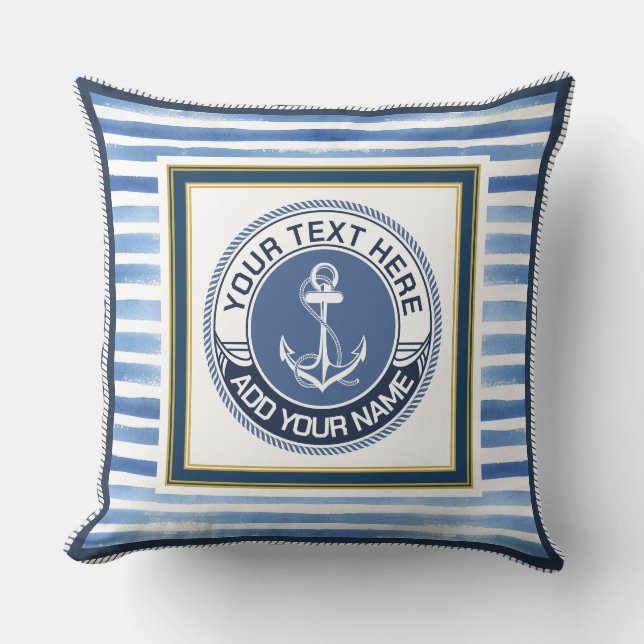 Coussin Ancre à rayures bleues nautiques Monogramme person (Recto)