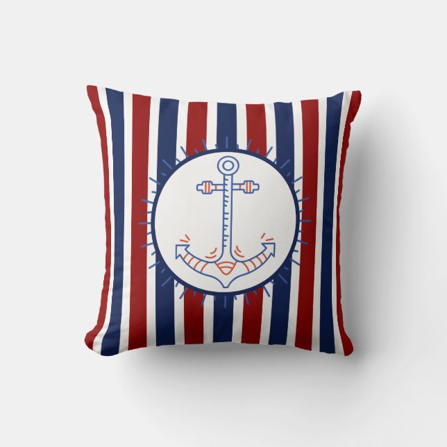 Coussin Ancre à thème nautique Bleu Rouge Blanc (Recto)