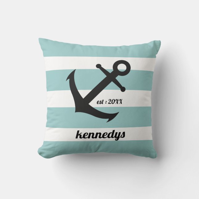 Coussin Ancre Aqua Nautical Stripes Nom de famille (Recto)