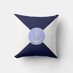 Coussin Ancre argentée nautique sur fond bleu marine et bl
