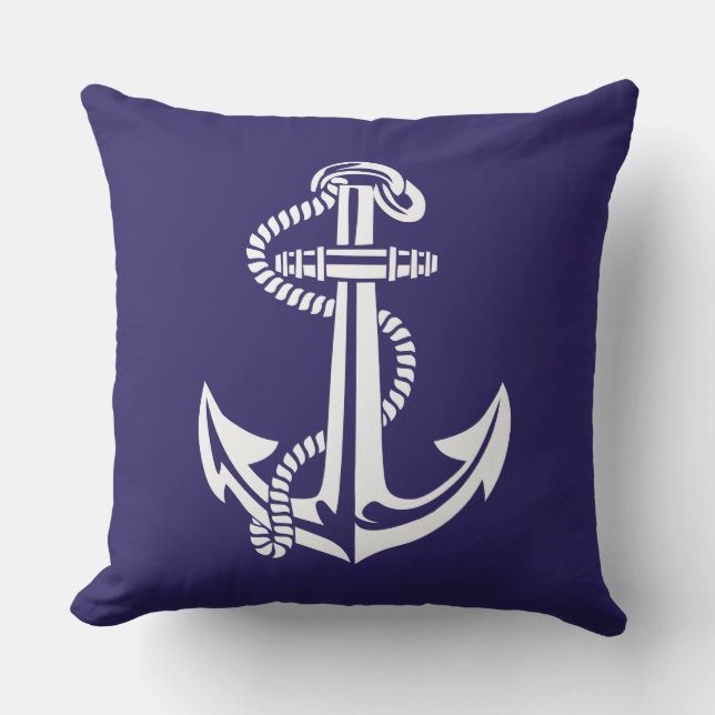 Coussin Ancre blanche de bleu marine nautique (Recto)